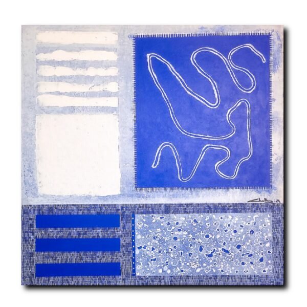 Tableau abstrait blanc et bleu, chatti karim, peinture acrylique