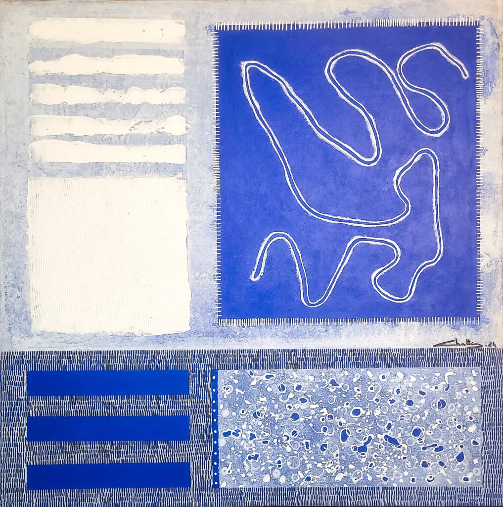 Tableau abstrait blanc et bleu, chatti karim, peinture acrylique