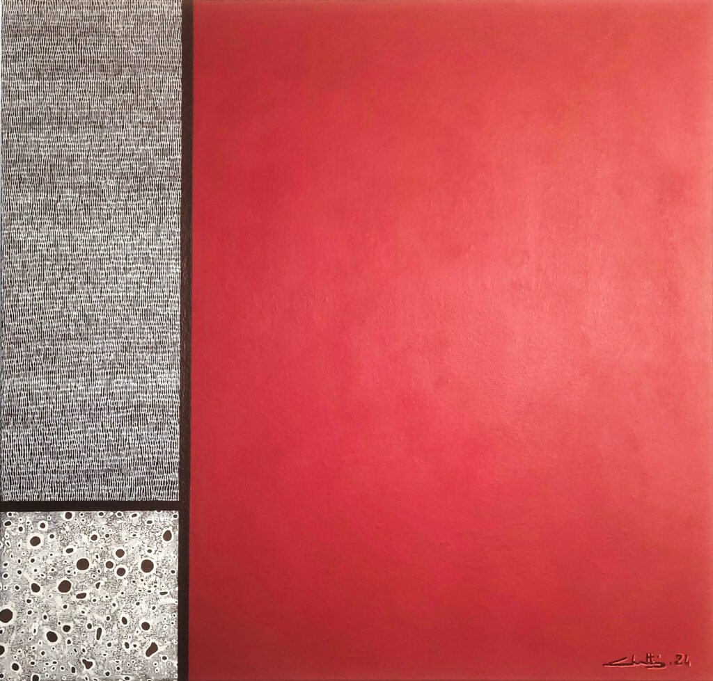 tableau abstrait rouge, blanc et marron. Karim Chatti, peinture acrylique