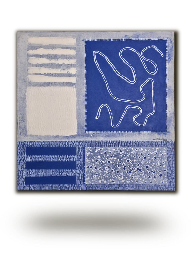 Peinture originale bleue et blanche Marée Intérieure, abstraction graphique, art contemporain français