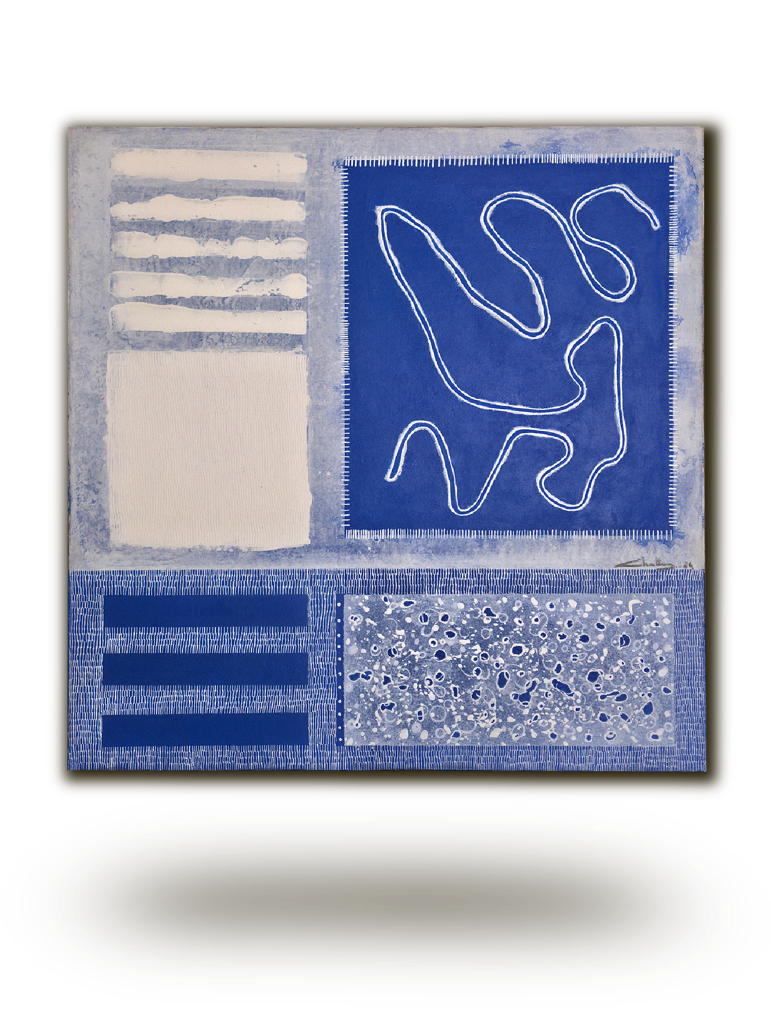 Peinture originale bleue et blanche Marée Intérieure, abstraction graphique, art contemporain français