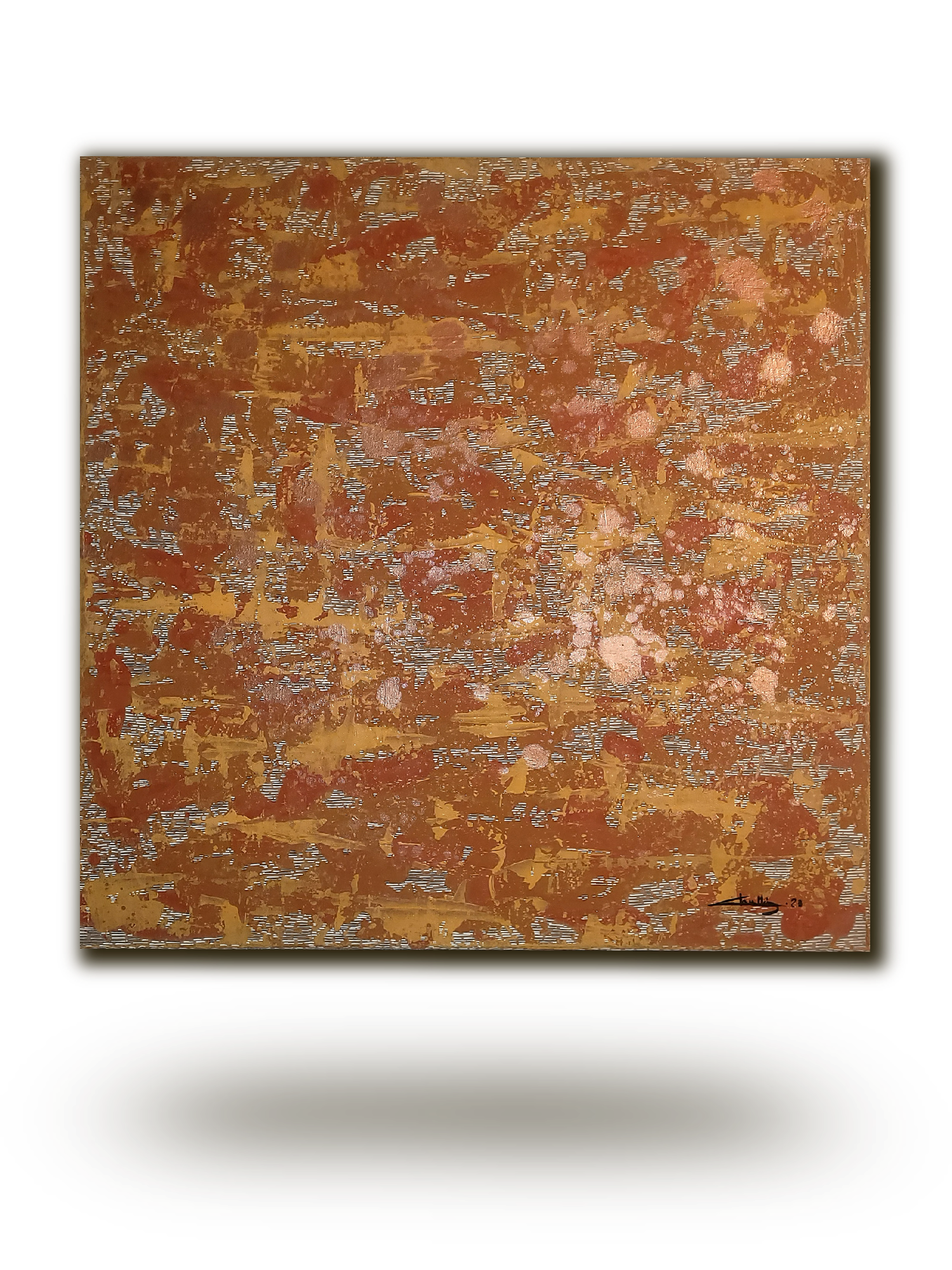 Peinture originale acrylique Terre de Sienne, art contemporain français, abstraction texturée jaune , rouge et orange.