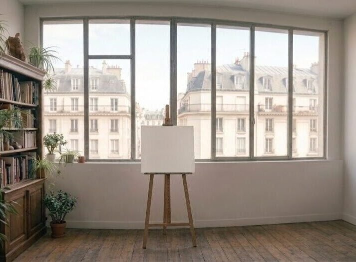 Atelier lumineux avec toile vierge sur chevalet devant grande fenêtre, plantes vertes, lumière naturelle latérale — avant le premier geste de peinture