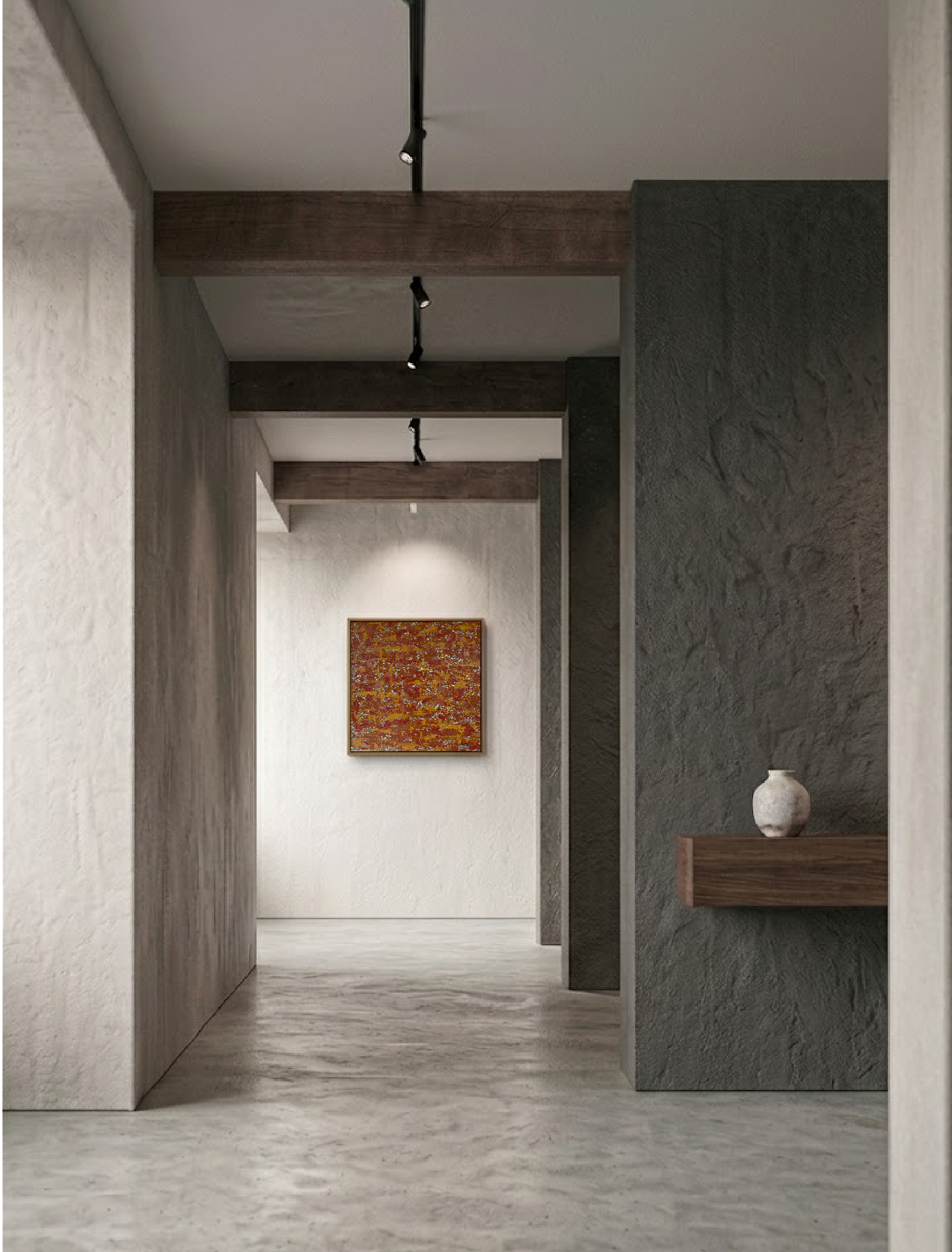 Mise en situation Terre de Sienne par Chatti Karim. Peinture abstraite aux tons rouille et ocre, accrochée dans un couloir minimaliste aux murs béton ciré et poutres bois. Art contemporain français, collection L'Invisible, texture matière.