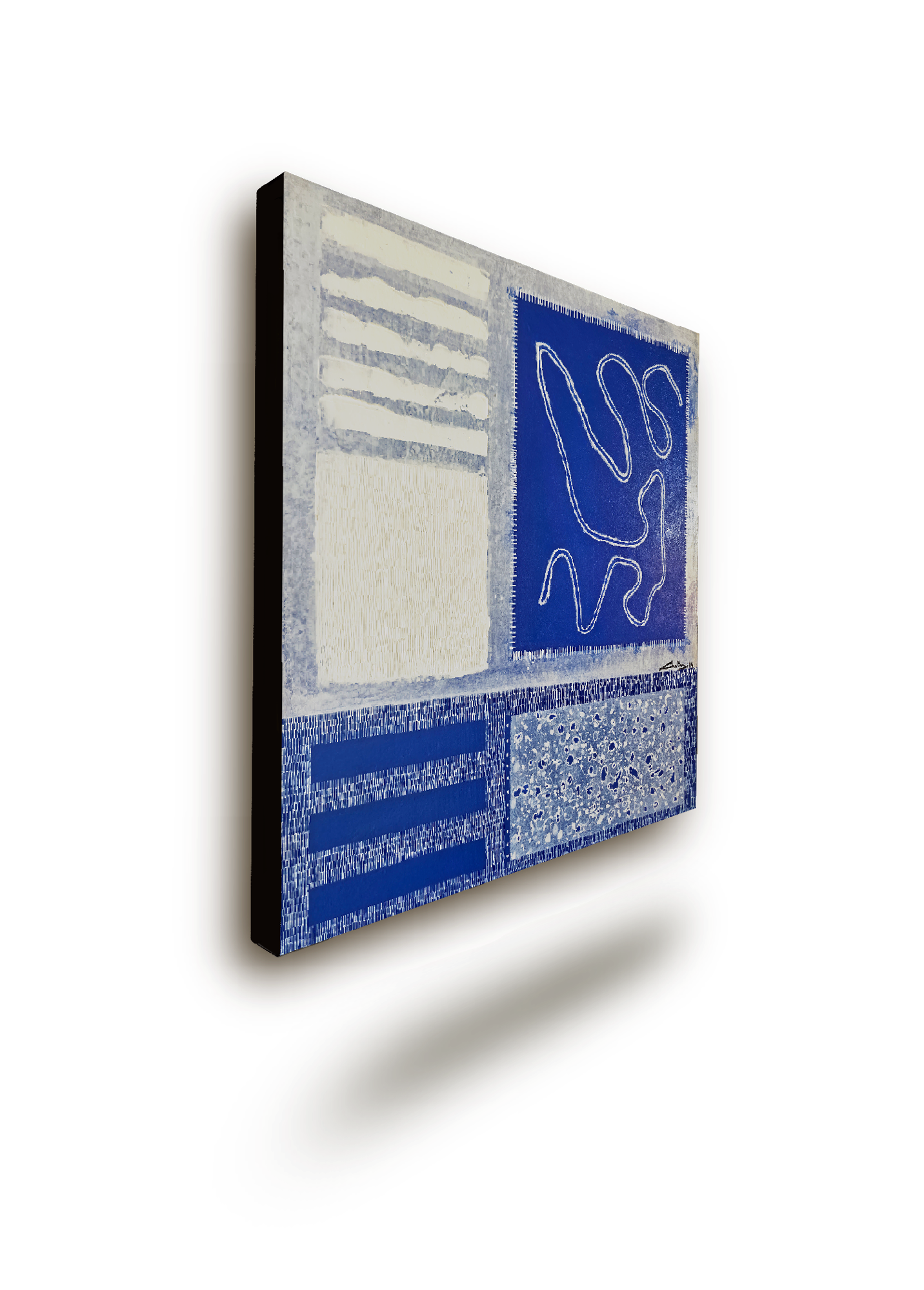 Marée intérieure — Peinture abstraite contemporaine de Chatti Karim. Composition structurée aux tons bleu profond et blanc cassé. Jeux de textures, traits fluides et aplats géométriques sur toile. Collection L'Invisible.