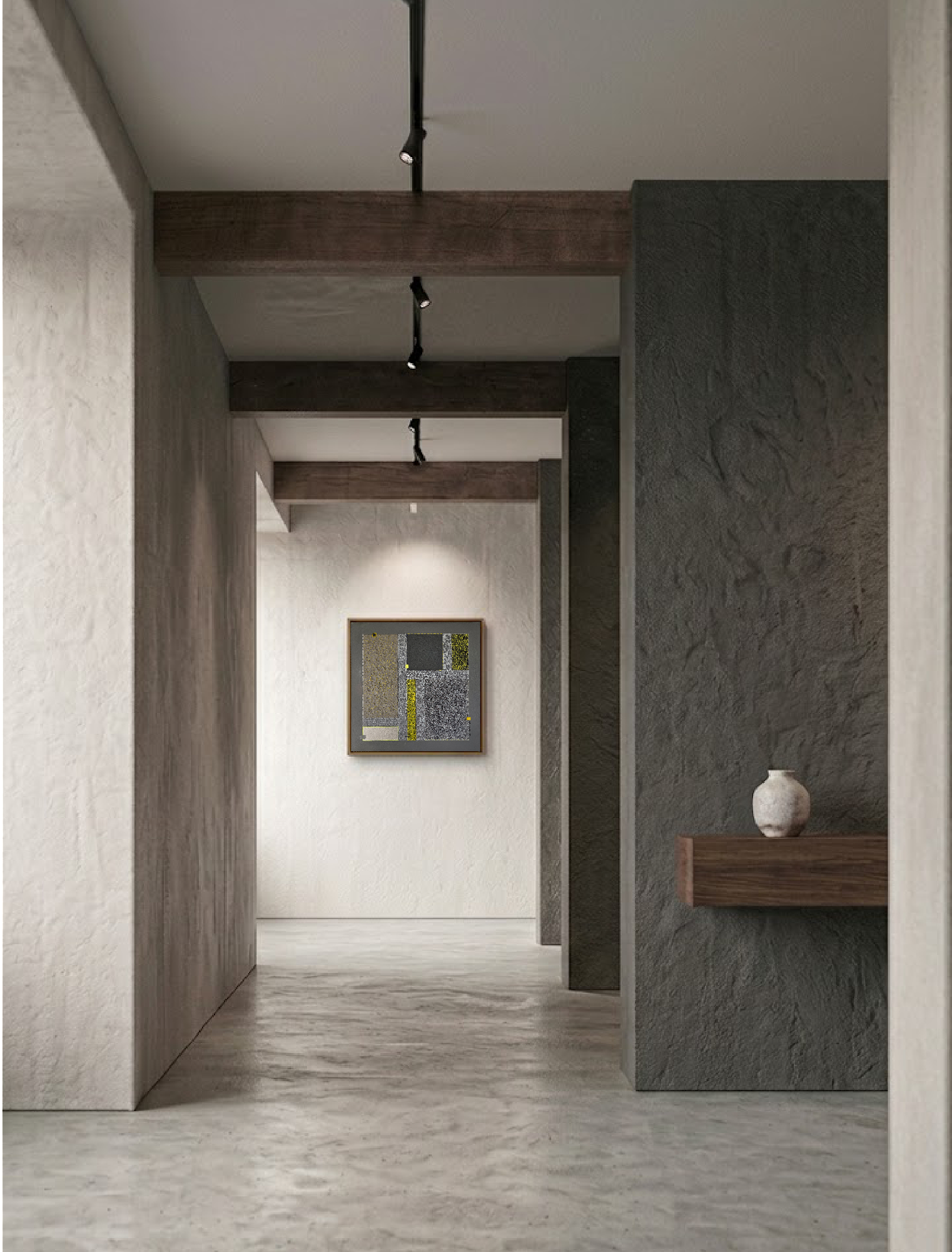 Mise en situation de Rempart des Murmures par Chatti Karim. Peinture abstraite contemporaine 50x50cm aux tons gris minéral et jaune soufre, intégrée dans un couloir minimaliste aux murs béton ciré et poutres apparentes. Collection L'Invisible, art contemporain français.