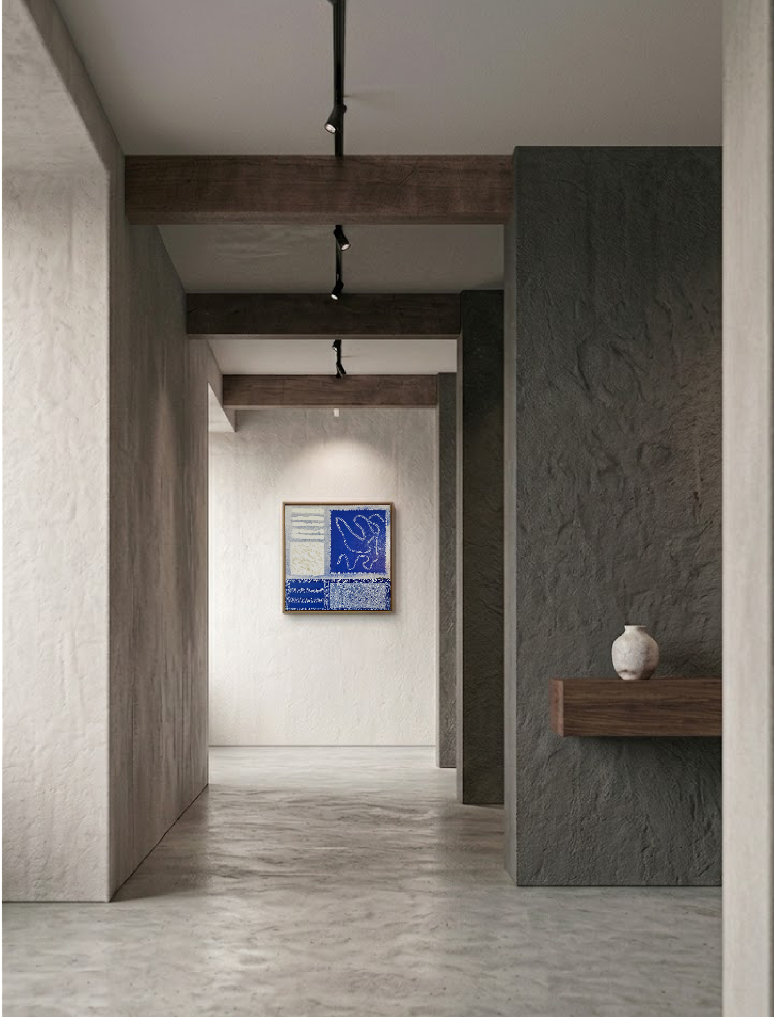Mise en situation Marée intérieure par Chatti Karim. Peinture abstraite contemporaine aux tons bleu profond et blanc, intégrée dans un couloir minimaliste aux murs béton et poutres bois. Art français, collection L'Invisible, texture matière.