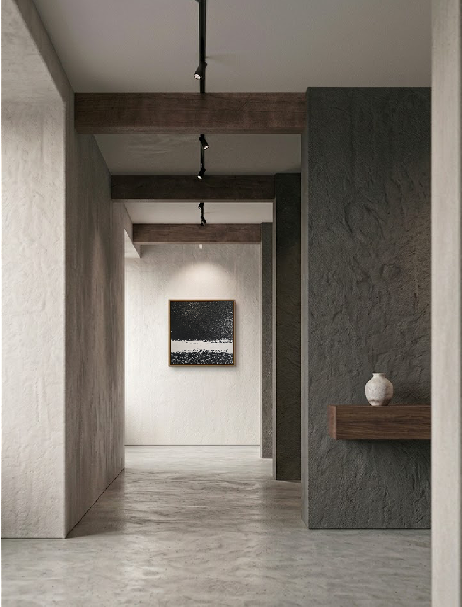 Mise en situation Cœur de carbone par Chatti Karim. Peinture abstraite contemporaine noir et blanc dans un couloir minimaliste aux murs béton et poutres bois. Art contemporain français, texture matière, collection L'Invisible.