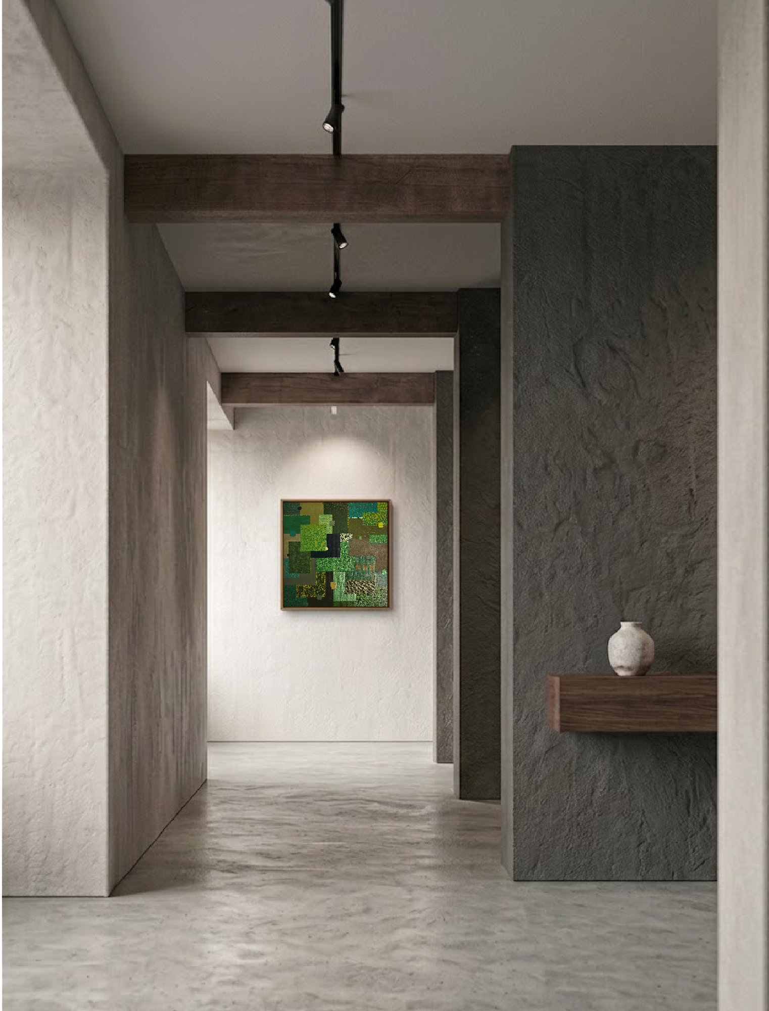 Mise en situation de l'œuvre Oscillation chlorophyllienne par Chatti Karim. Peinture abstraite aux nuances de vert, mousse et écorce, accrochée dans un couloir minimaliste aux murs béton et poutres bois. Collection L'Invisible, art contemporain français.