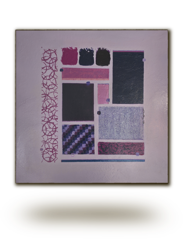Peinture abstraite Aura Ultraviolette de Chatti Karim. Art contemporain français. Composition géométrique aux tons violet profond, noir et rose. Texture acrylique et médiums sur toile. Œuvre originale.