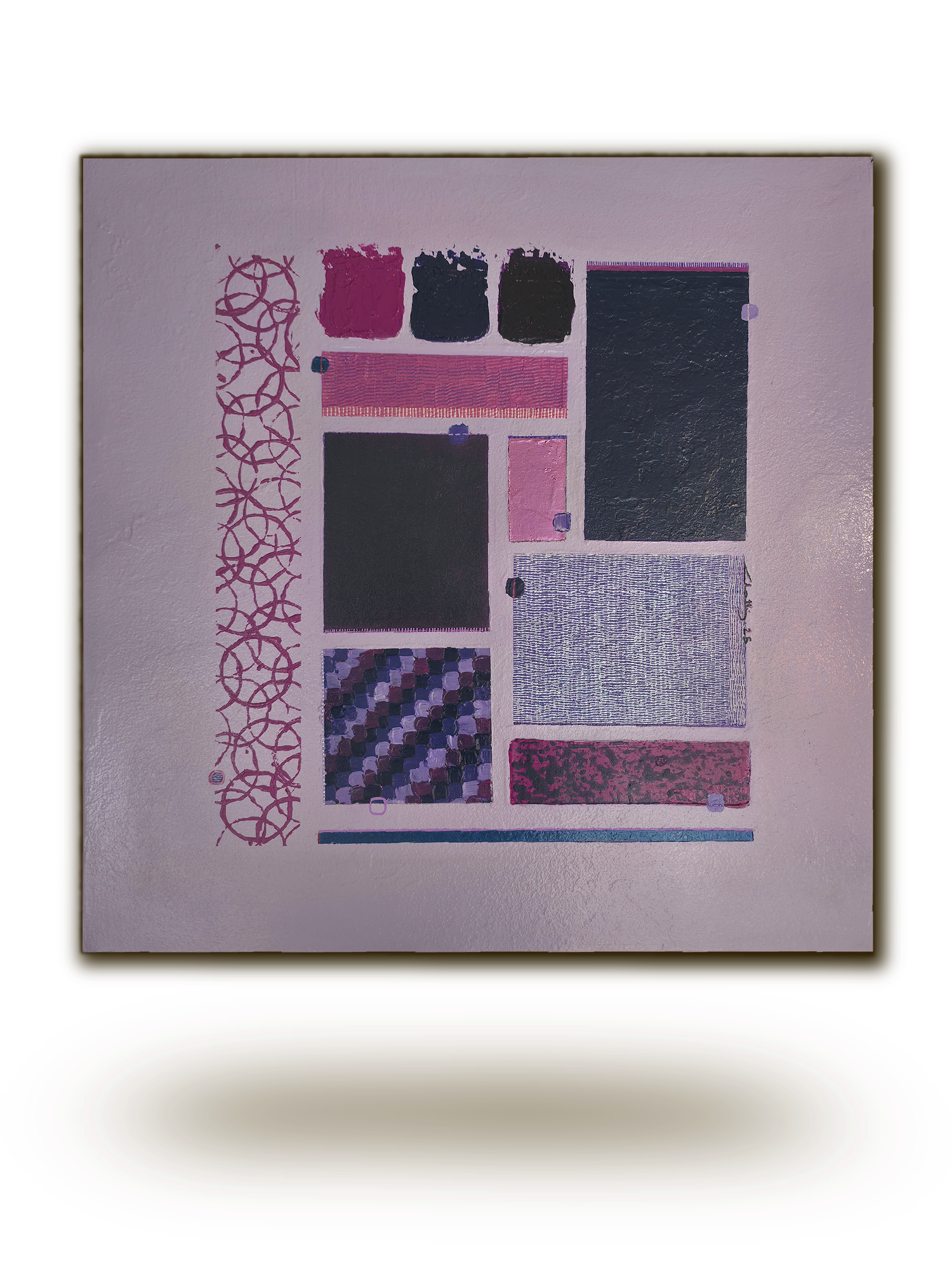 Peinture abstraite Aura Ultraviolette de Chatti Karim. Art contemporain français. Composition géométrique aux tons violet profond, noir et rose. Texture acrylique et médiums sur toile. Œuvre originale.
