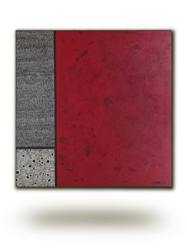 Peinture abstraite Carré de Soie de Chatti Karim. Art contemporain français. Composition géométrique : grand aplat rouge profond texturé à droite, bandeau vertical argenté à texture métallique, carré blanc poreux en bas à gauche. Œuvre originale sur toile.