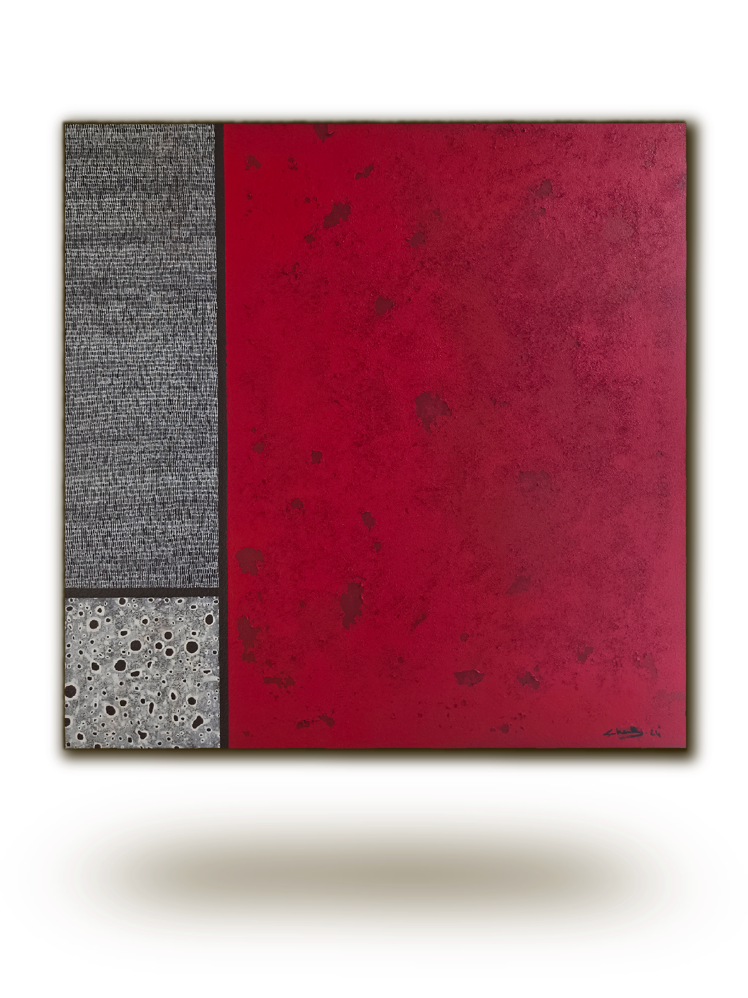 Peinture abstraite Carré de Soie de Chatti Karim. Art contemporain français. Composition géométrique : grand aplat rouge profond texturé à droite, bandeau vertical argenté à texture métallique, carré blanc poreux en bas à gauche. Œuvre originale sur toile.