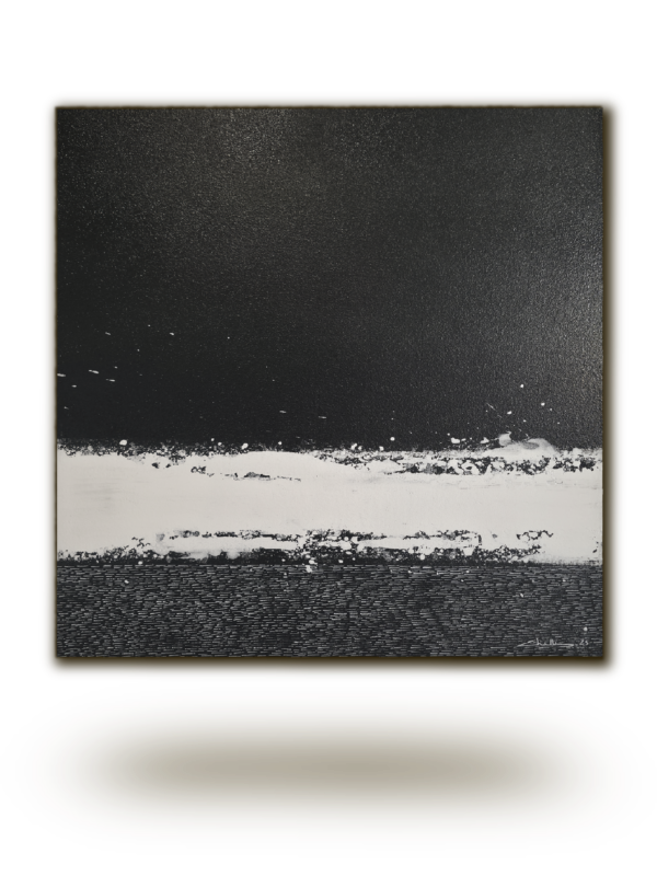 Cœur de Carbone — Peinture abstraite contemporaine de Chatti Karim. Composition noir profond et blanc éclatant. Texture striée et matière organique. Collection L'Invisible. Art contemporain français.