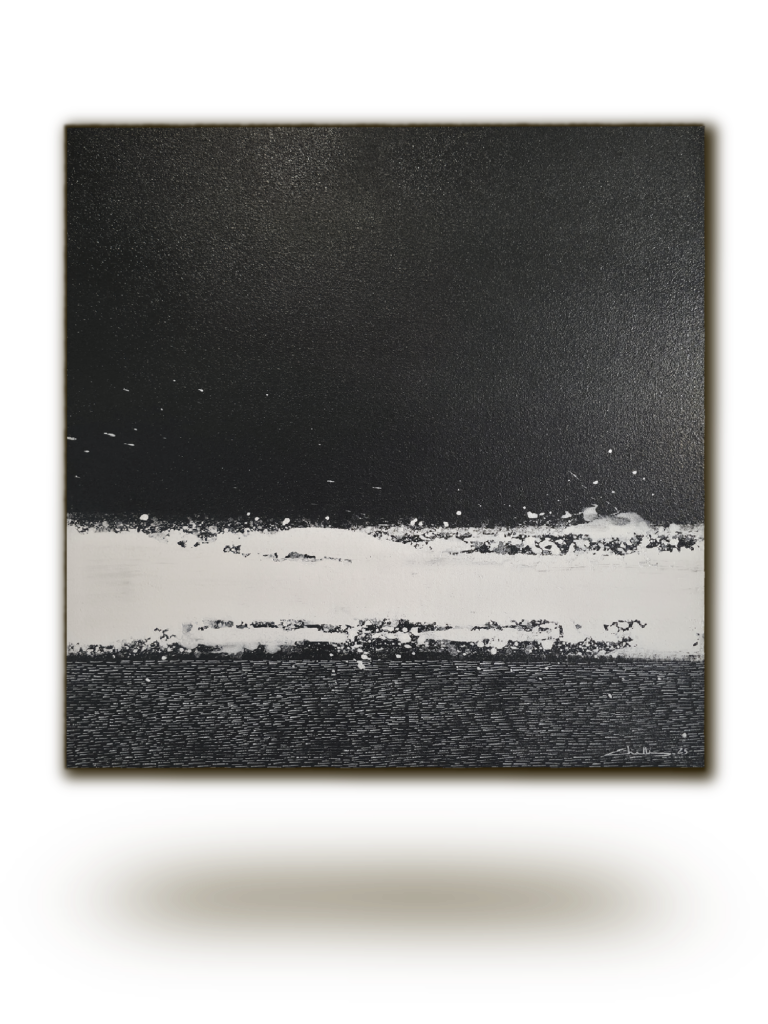 Cœur de Carbone — Peinture abstraite contemporaine de Chatti Karim. Composition noir profond et blanc éclatant. Texture striée et matière organique. Collection L'Invisible. Art contemporain français.