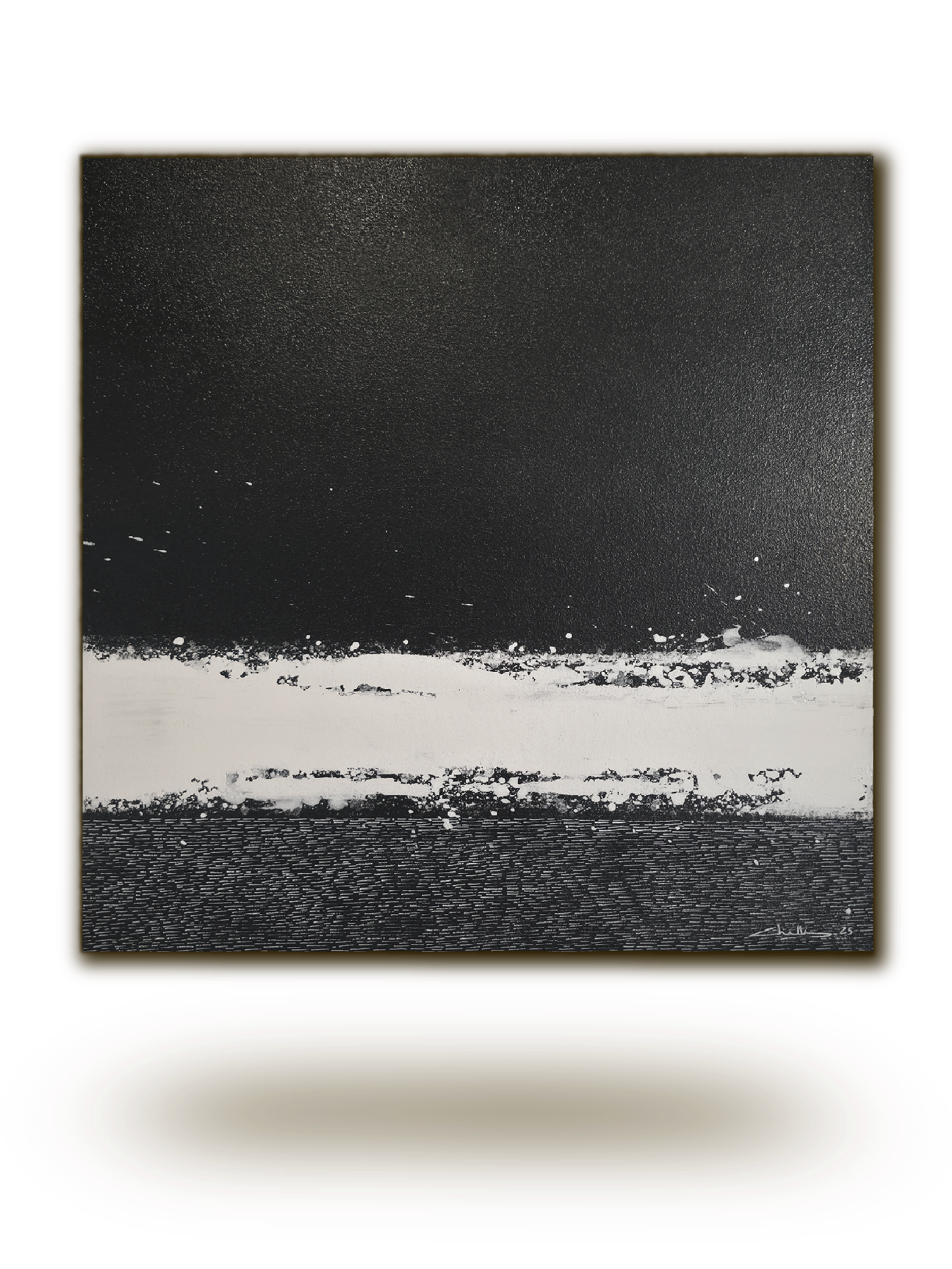 Cœur de Carbone — Peinture abstraite contemporaine de Chatti Karim. Composition noir profond et blanc éclatant. Texture striée et matière organique. Collection L'Invisible. Art contemporain français.