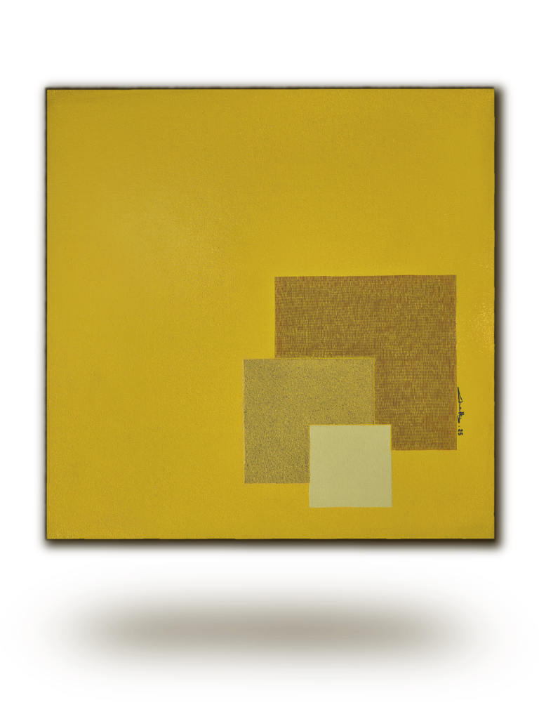 Incandescence soufrée — Peinture abstraite contemporaine jaune et or de Chatti Karim. Composition géométrique aux nuances de jaunes et ocre . Texture acrylique et matière sur toile. Collection L'Invisible. Art contemporain français.