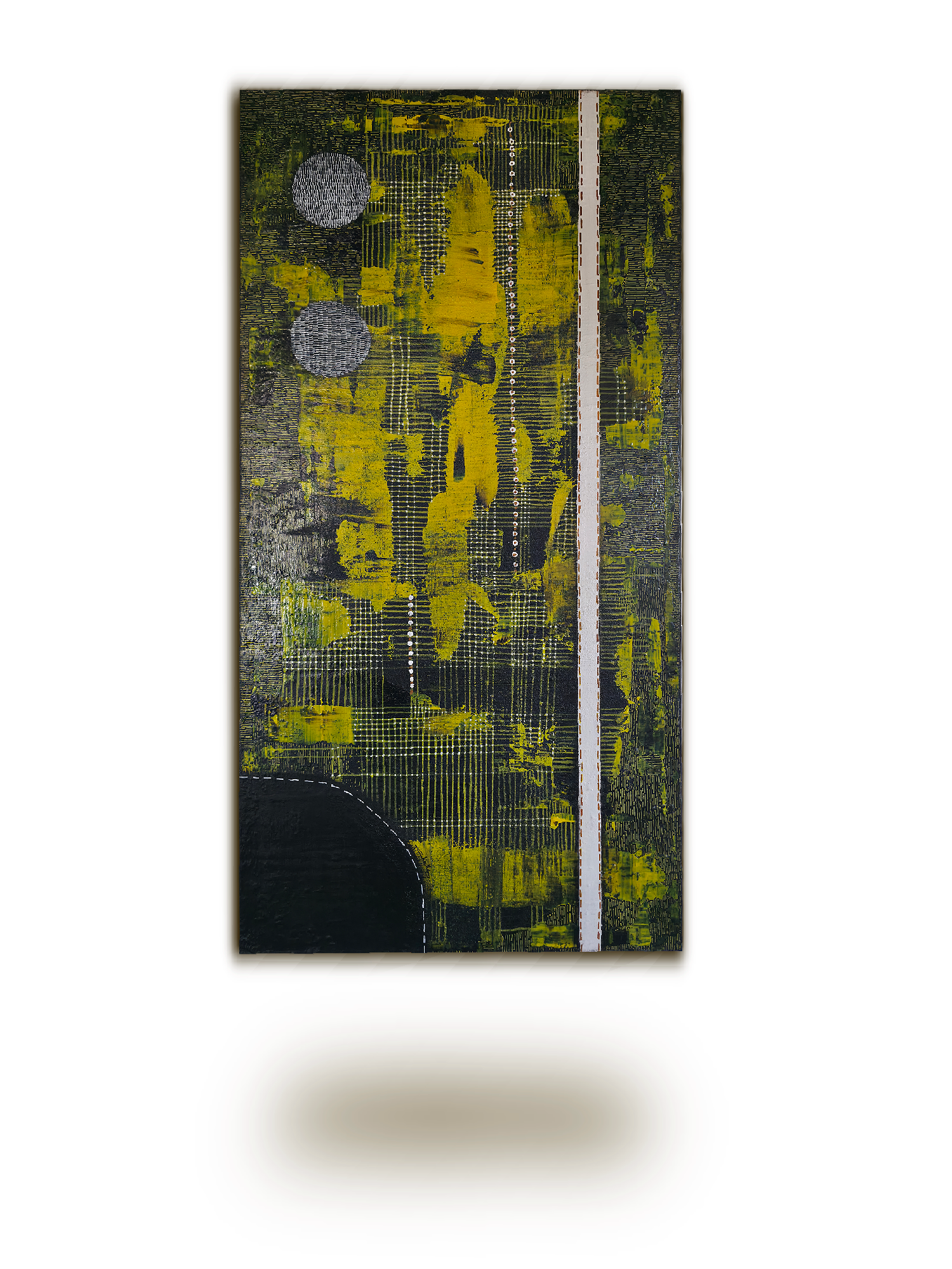 Ligne brisée dans la nuit — Peinture abstraite contemporaine de Chatti Karim. Composition verticale aux tons noir profond et striures d'or/jaune. Collection L'Invisible. Art français.