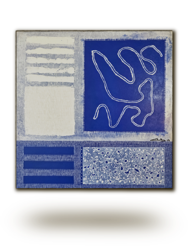 Peinture abstraite "Marée Intérieure" par Chatti Karim. Œuvre contemporaine aux dominantes bleu profond et blanc. Composition mêlant aplats géométriques et traits organiques fluides. Techniques mixtes sur toile.