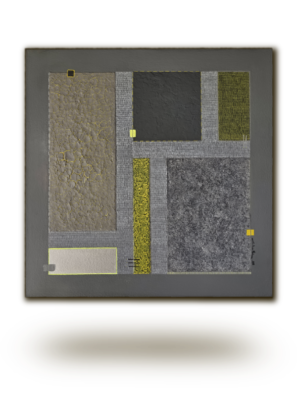 Rempart des Murmures — Peinture abstraite contemporaine 50x50cm de Chatti Karim. Composition aux tons gris minéral, beige et éclats jaune citron. Acrylique, sable et effets craquelés sur châssis 3D. Collection L'Invisible.