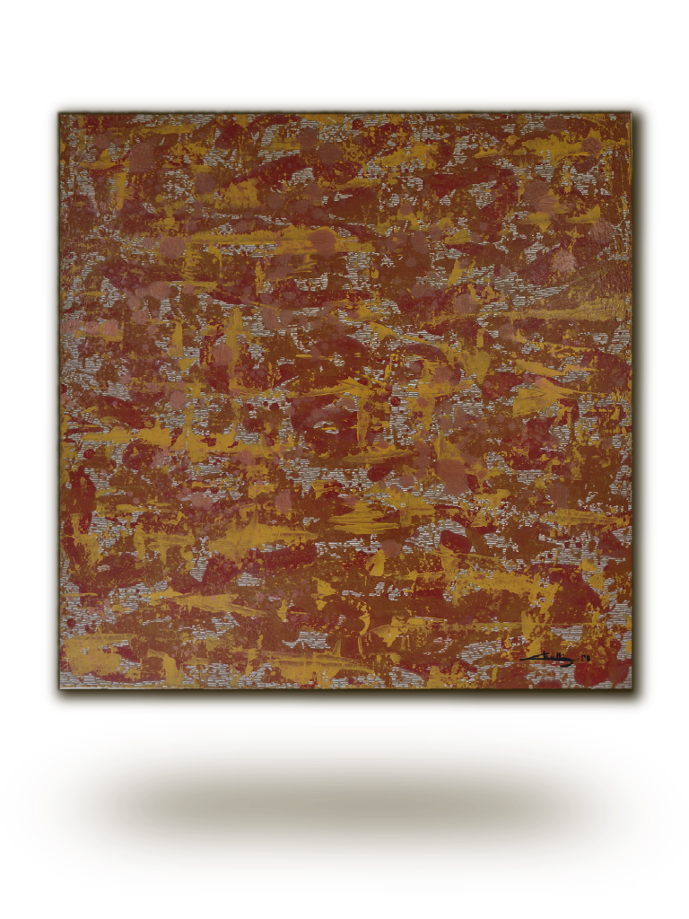 Peinture abstraite Terre de Sienne de Chatti Karim. Art contemporain français. Composition riche en textures acryliques et médiums, dominée par les tons rouges brique, ocres et blanc. Œuvre originale sur toile.