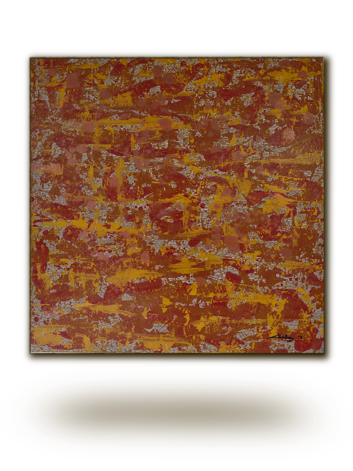 Peinture abstraite Terre de Sienne de Chatti Karim. Art contemporain français. Composition riche en textures acryliques et médiums, dominée par les tons rouges brique, ocres et blanc. Œuvre originale sur toile.